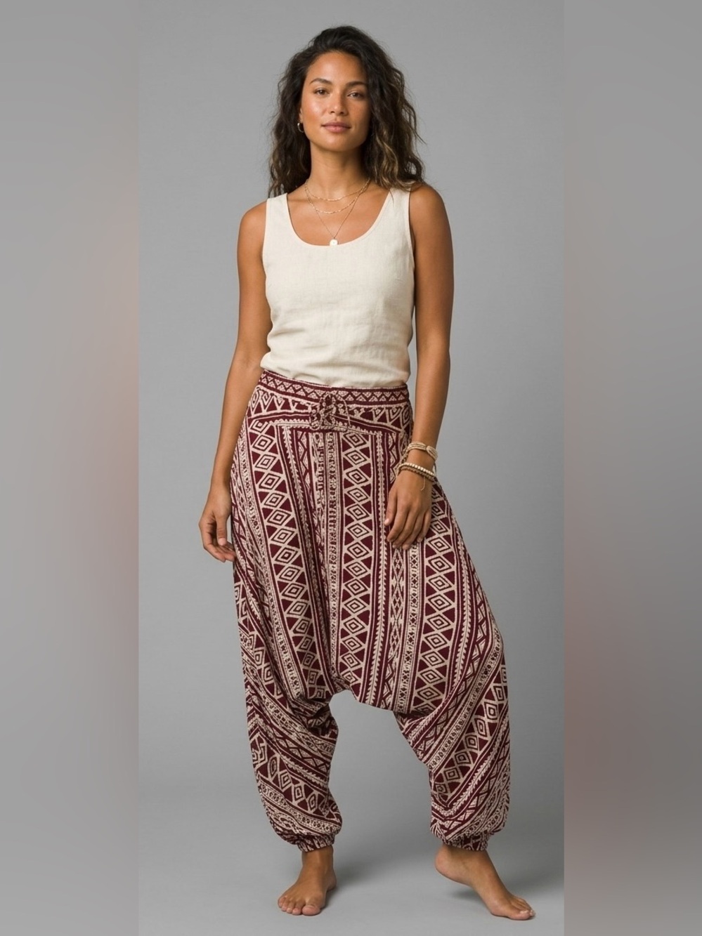 Buddha Pants Burgundy & White Geometric Pattern Harem Pants | Boho Drop Crotch